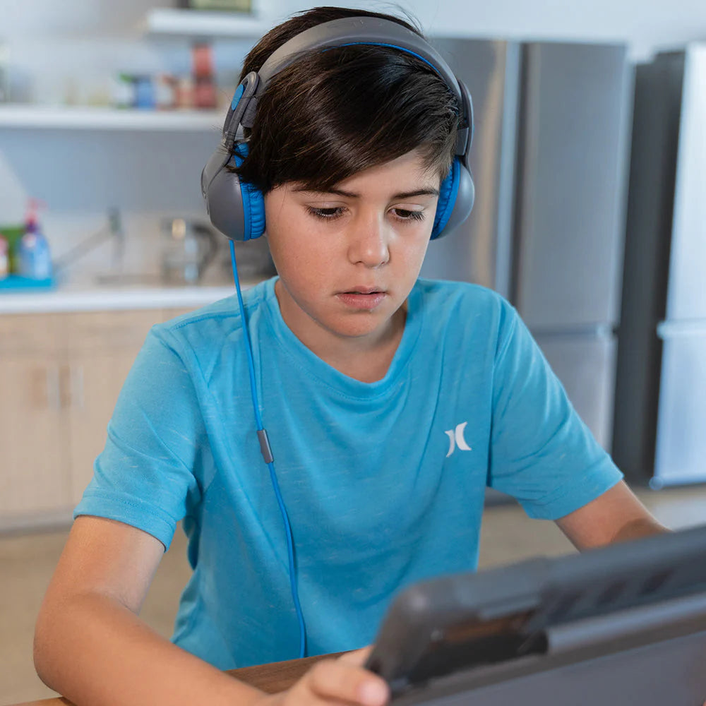 JLab JBuddies Studio 2 On-Ear Kids Wired Headphones, Grey/Blue, Toddler Headphones, Kid Safe, Studio Volume Safe, Volume Limiter, Folding, Adjustable, Noise Isolation, with Mic