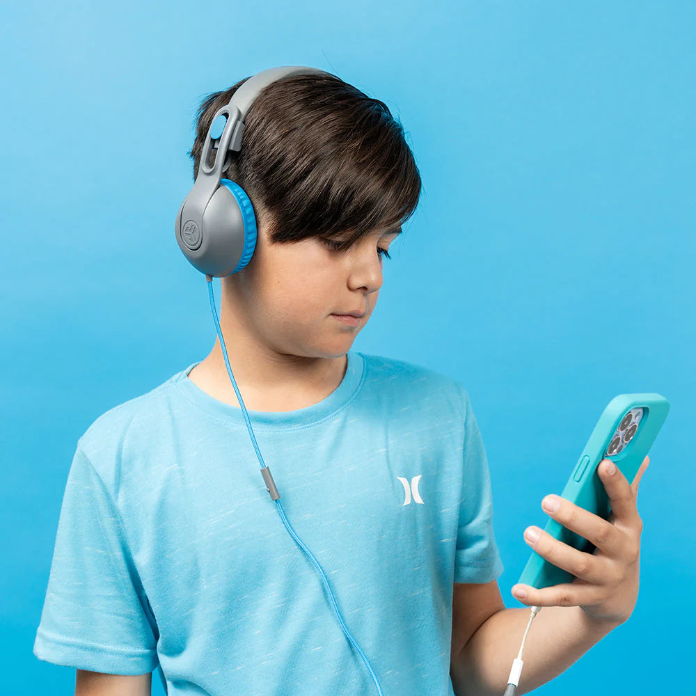 JLab JBuddies Studio 2 On-Ear Kids Wired Headphones, Grey/Blue, Toddler Headphones, Kid Safe, Studio Volume Safe, Volume Limiter, Folding, Adjustable, Noise Isolation, with Mic