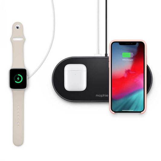 Mophie Dual Universal Wireless Charging Pad - Works with Qi-Certified Devices, Fast Charge for Galaxy, Pixel, iPhone, AirPods, and Extra USB-A Port for Apple Watch (7.5 Watt)