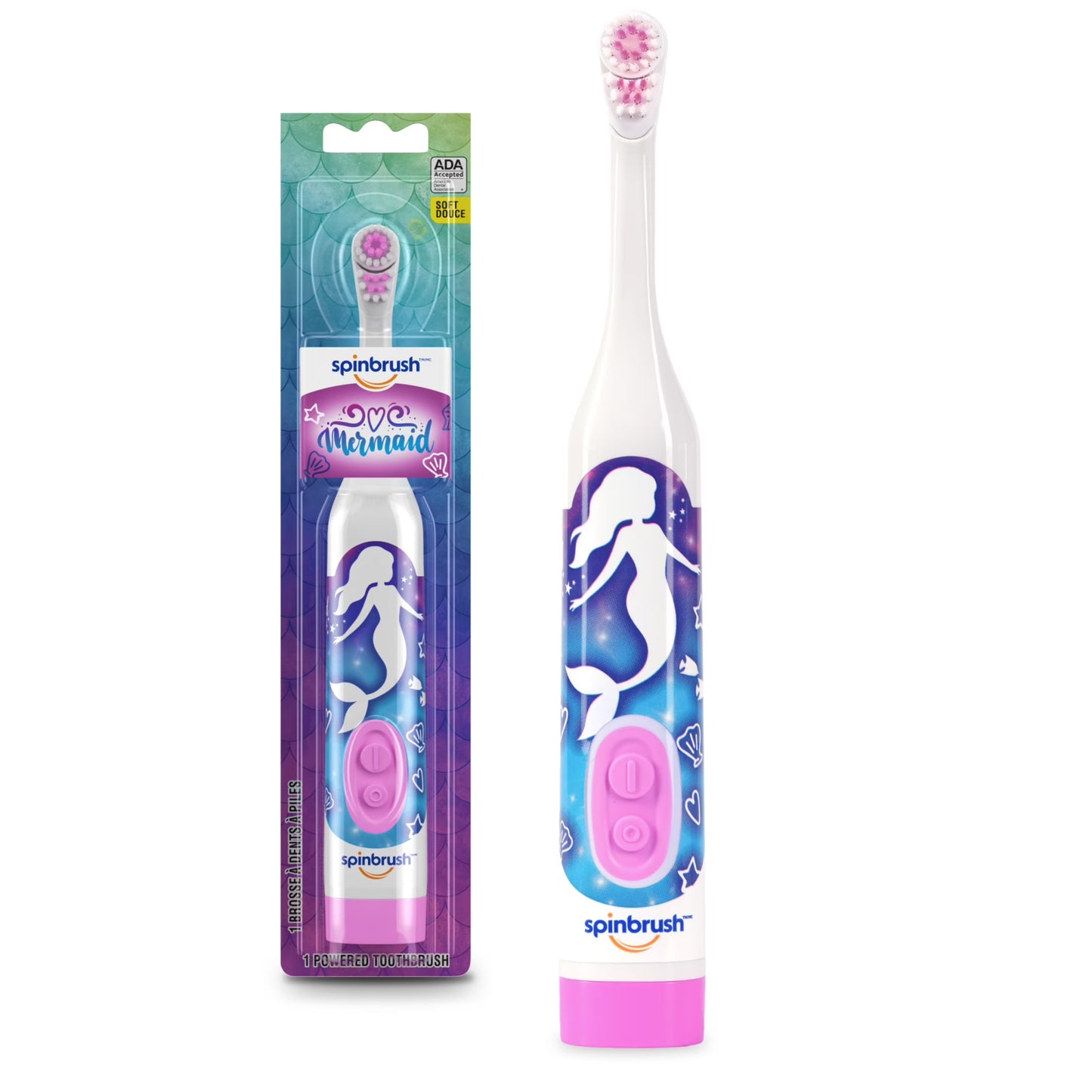 Spinbrush™ Kids Electric Toothbrush, Mermaid & Unicorn™ Battery Powered Electric Toothbrush for Children Ages 3+ with 1 AA Battery, Soft Head Bristles, Leakproof SoftSwitch, Ready-to-Use