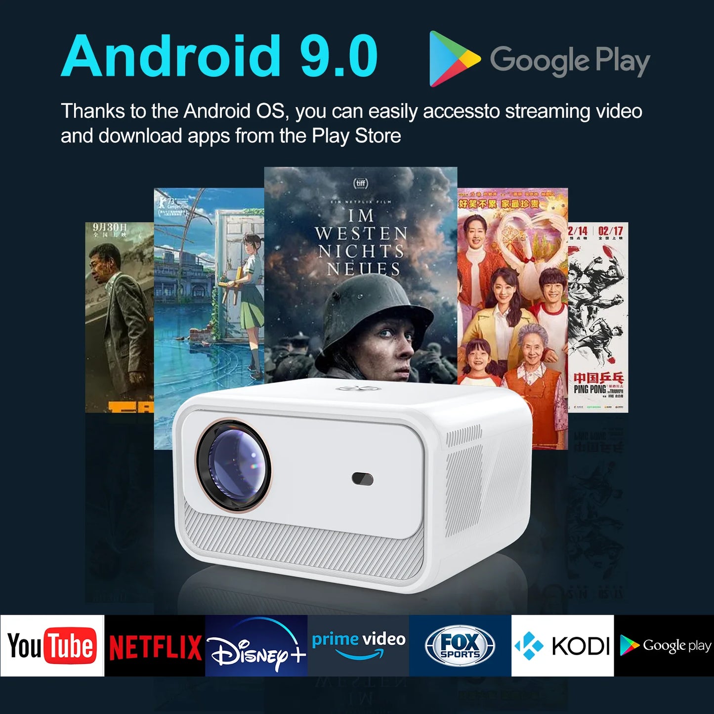 CY900 Smart Projector, Full HD 1080P, 4K Supported, Android 9, Electronic Focus, Auto Keystone, 300 ANSI Lumens, Dual WiFi, HDR Audio, Bluetooth, 58W Speaker, HDMI, USB, AV Port (White)