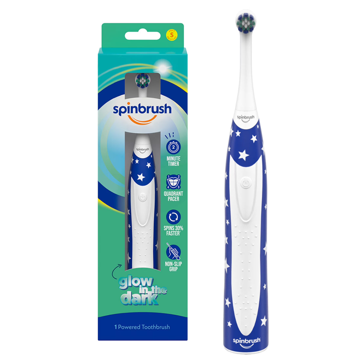 Spinbrush™ Kids Electric Toothbrush,  Glow-In-The-Dark Battery Powered Electric Toothbrush for Children Ages 3+ with 1 AA Battery, Soft Head Bristles, Leakproof SoftSwitch, Ready-to-Use