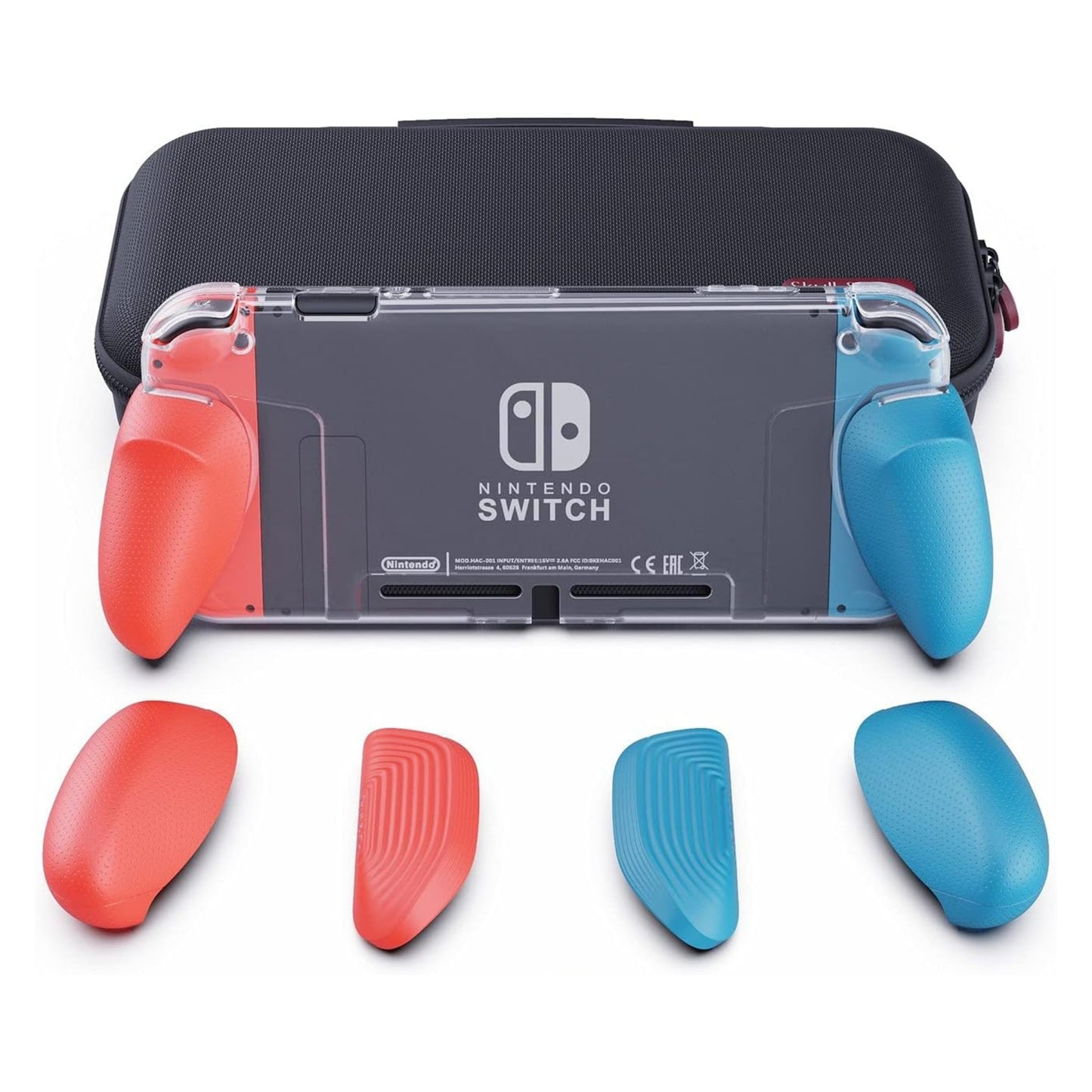 Skull & Co. GripCase Crystal Bundle: A Dockable Transparent Protective Cover Case with Replaceable Grips [to fit All Hands Sizes] for Nintendo Switch -Neon Red & Blue