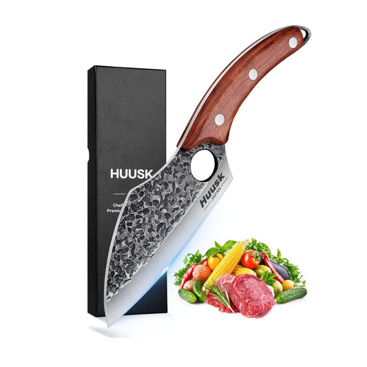 Huusk Knives, Hand Forged Meat Cleaver Butcher Knife for Meat Cutting, Japanese Kitchen Viking Knife with Sheath, Cooking Knife for Kitchen and Outdoor Camping, Thanksgiving