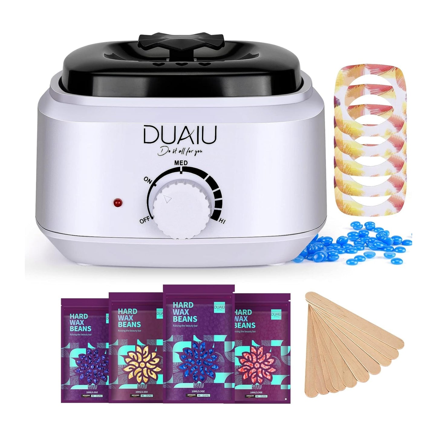 Waxing Kit DUAIU Wax Warmer Hair Removal Kit Wax Pot with 4 Packs of Hard Wax Beads 10 Wooden Spatulas Professional Waxing Kits for Women & Men Suit for Body Legs Face Bikini Line