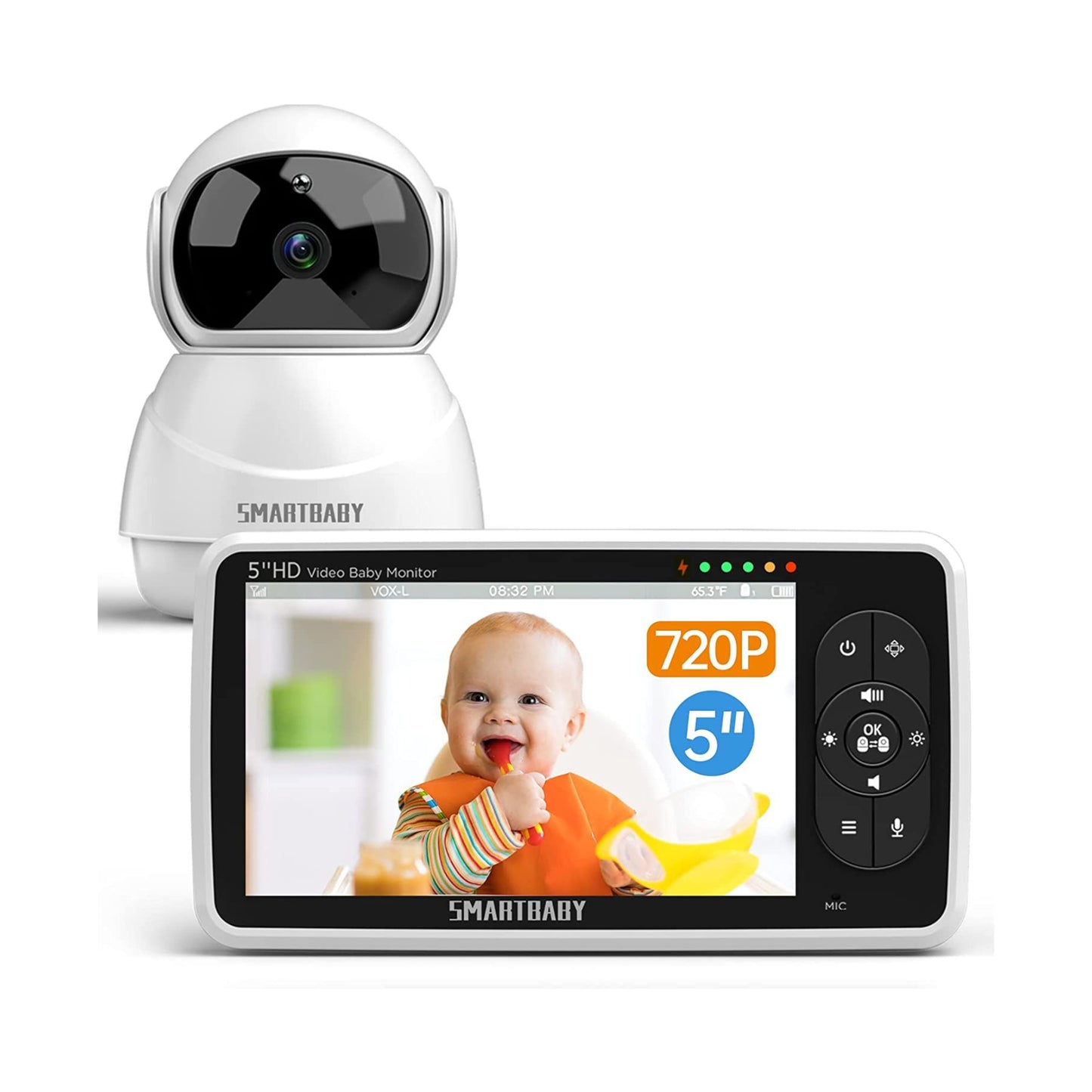 SmartBaby Baby Monitor - 720P 5" HD Display Video Baby Monitor with Camera and Audio,Auto Noise Cancellation, 4X Pan-Tilt Zoom ，4000mah Battery,Night Vision, Temperature Display, Lullabies, 960ft Range SM510