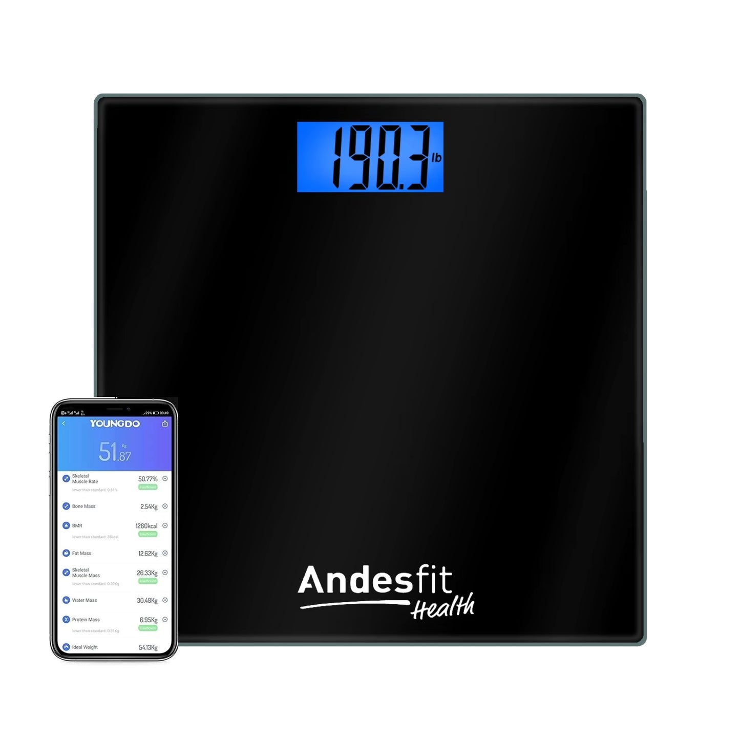 Andesfit Health ADF-B883 Wireless Portable Electronic Weight Scale Digital Body Fat Scale for Home Use Weighing Scale Electronic Bath Scales with High Precision Sensors Accurate Weight BLACK