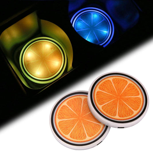 Accarparts LED Cup Holder Lights, Orange Fruit Logo Car Coasters with 7 Colors Changing USB Charging Mat, Luminescent Cup Pad Interior Atmosphere Lamp 2PCS