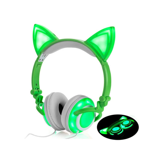 Olyre Kids Headphones with LED Light Up, Cute Cat Ear Earphones for Girls Teens Adults, Stereo Adults Headphone with 3.5mm Jack for iPad Tablet Computer Mobile Phone (Green)