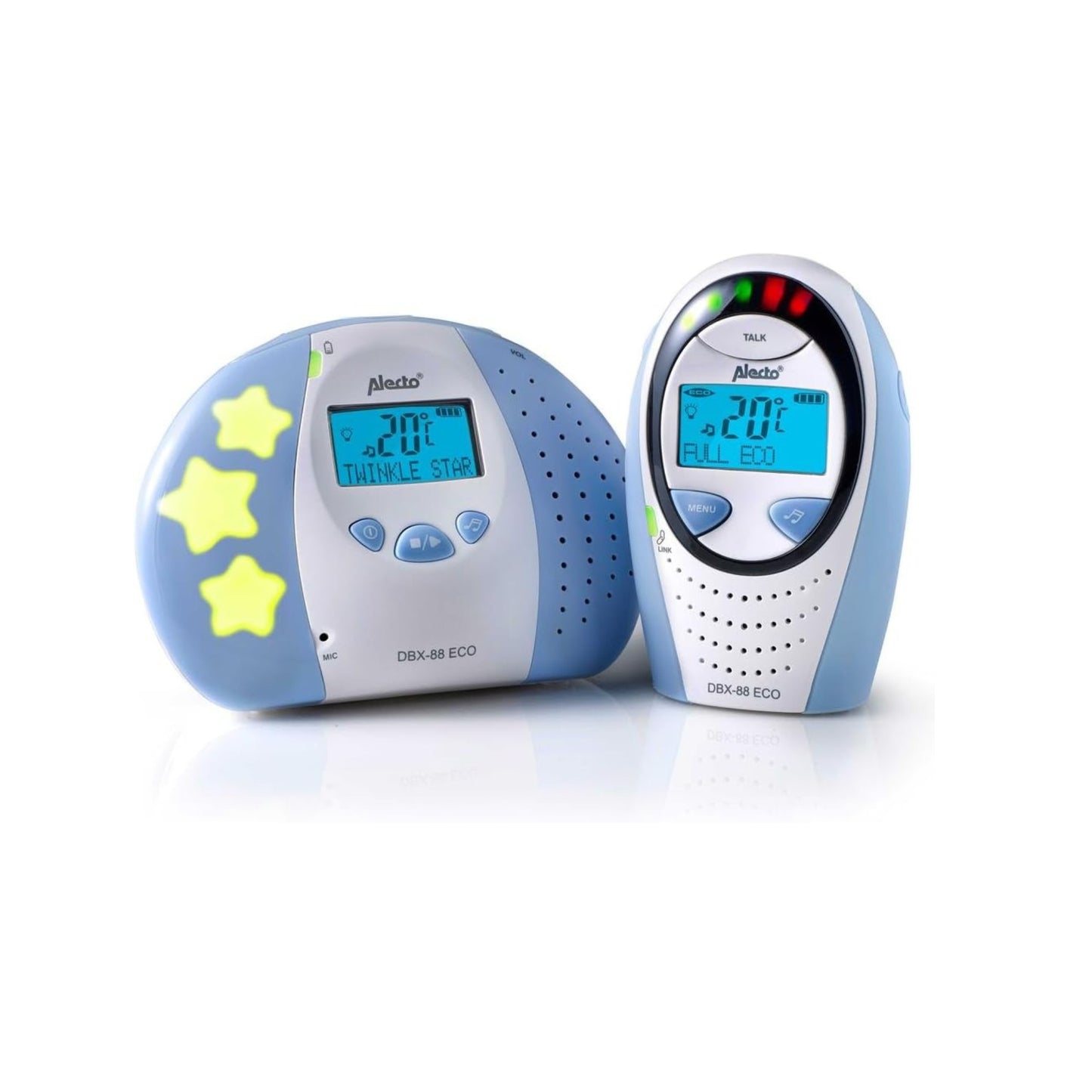 Alecto DBX Digital Eco DECT baby monitor (100% interference-free), high range, back composition, LED sound display, long battery life and low radiation. Babyphone DBX-88 clear white