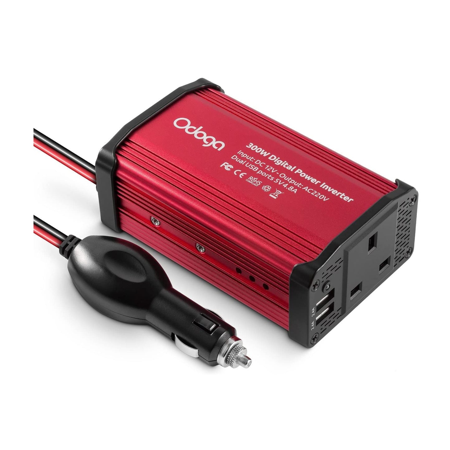 Odoga 300W Car Power Inverter 12V to 240V / 230V Converter, Dual USB 4.8A Charging Ports - Charge Your Laptop, iPad, iPhone, Tablet, Consoles & More - Durable and Powerful - Red Aluminum Body