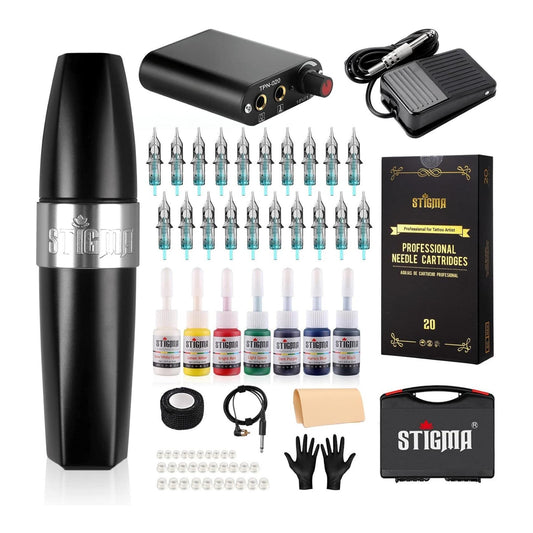 Stigma Tattoo Pen Machine Kit Rotary Complete Tattoo Set with 20Pcs Cartridges Needles Power Supply Tattoo Ink Tattoo Kit with Plastic Box for Beginners and Tattoo Artists EM123KITP162-1-UK