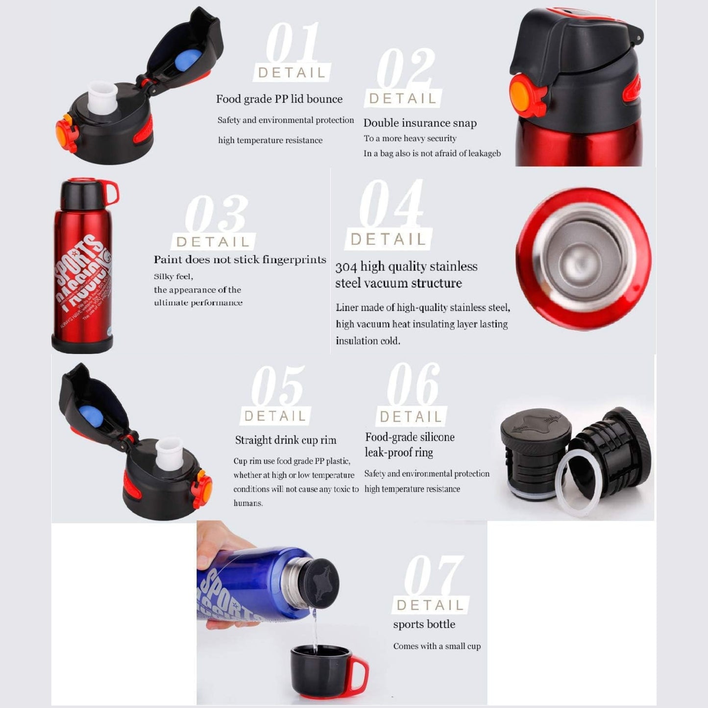 Double Wall Vacuum Insulated Stainless Steel Sports Flask BPA Free Thermos Travel Water Bottle Sipper,Hot and Cold Leak-Proof Portable Travel Tea Coffee Vacuum Thermos Cup-Blue