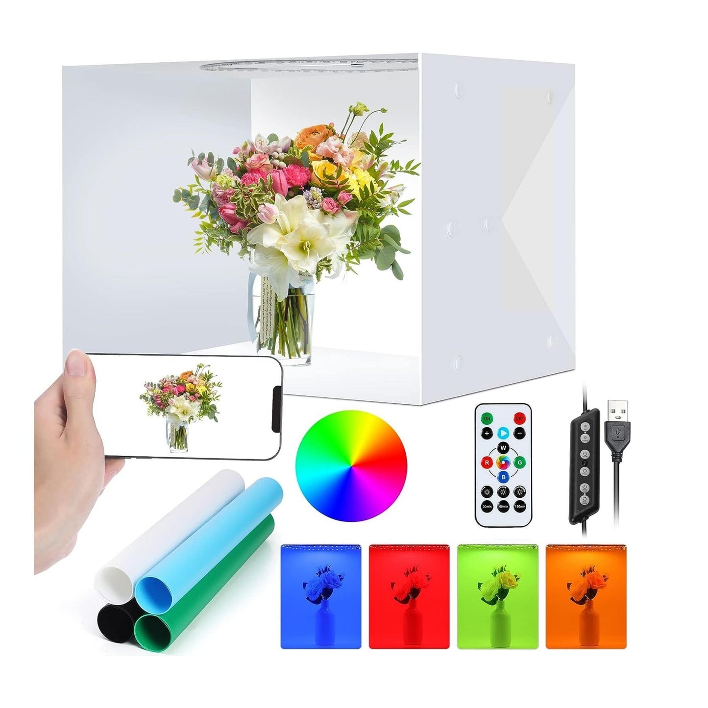 Temery RGB Portable Photo Studio Light Box - 16" x 12" Pro Light Box Photography Dimmable Shooting Tent Kit with 168pcs LED Lights, 12 RGB Colors Foldable Photo Box, 4 Color Backdrops, Remote Control