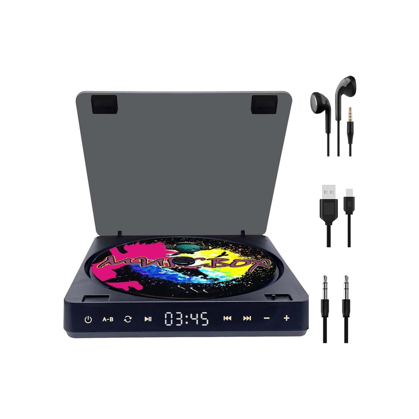 Rechargeable Portable CD Player Small CD Player for Car with 3.5mm AUX Cable Dual Headphones Hole Design LED Display Touch Buttons 12 Hours Playing Time Anti-Skip Shockproof