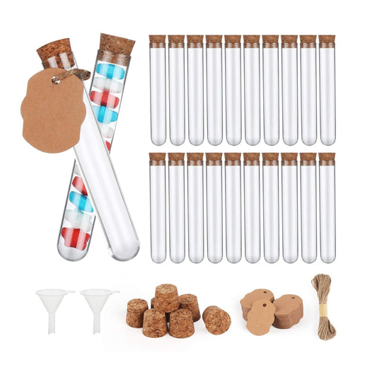 100 Pcs Plastic Test Tubes with Cork Stoppers 16ml,Clear Test Bottle Transparent Sealing 100pcs Elevator+20m hemp rope+2pcs Funnel,for DIY Craft Spices Liquids Candy