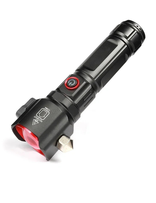 Rechargeable Torch Light High Power, 10000 Lumens Flashlight with 5 Light Modes, Side Light, Adjustable Focus Torch Lights Rechargeable, Window Breaker and Cutter, IP45, Aluminum Alloy, Black