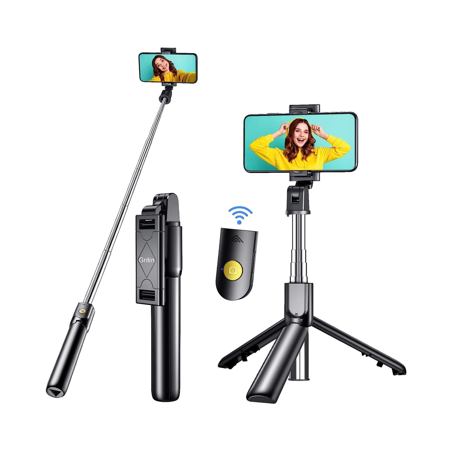 Gritin Selfie Stick, 3 in 1 Bluetooth Selfie Stick Tripod, Extendable and Portable Selfie Stick with Detachable Wireless Remote & Stable Tripod Stand, Compatible with iPhone/Galaxy/Huawei, etc.