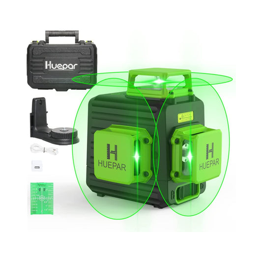 Huepar 3D Cross Line Self-leveling Laser Level 3 x 360 Green Beam Three-Plane Leveling and Alignment Laser Tool, Li-ion Battery with Type-C Charging Port & Hard Carry Case Included - B03CG Pro