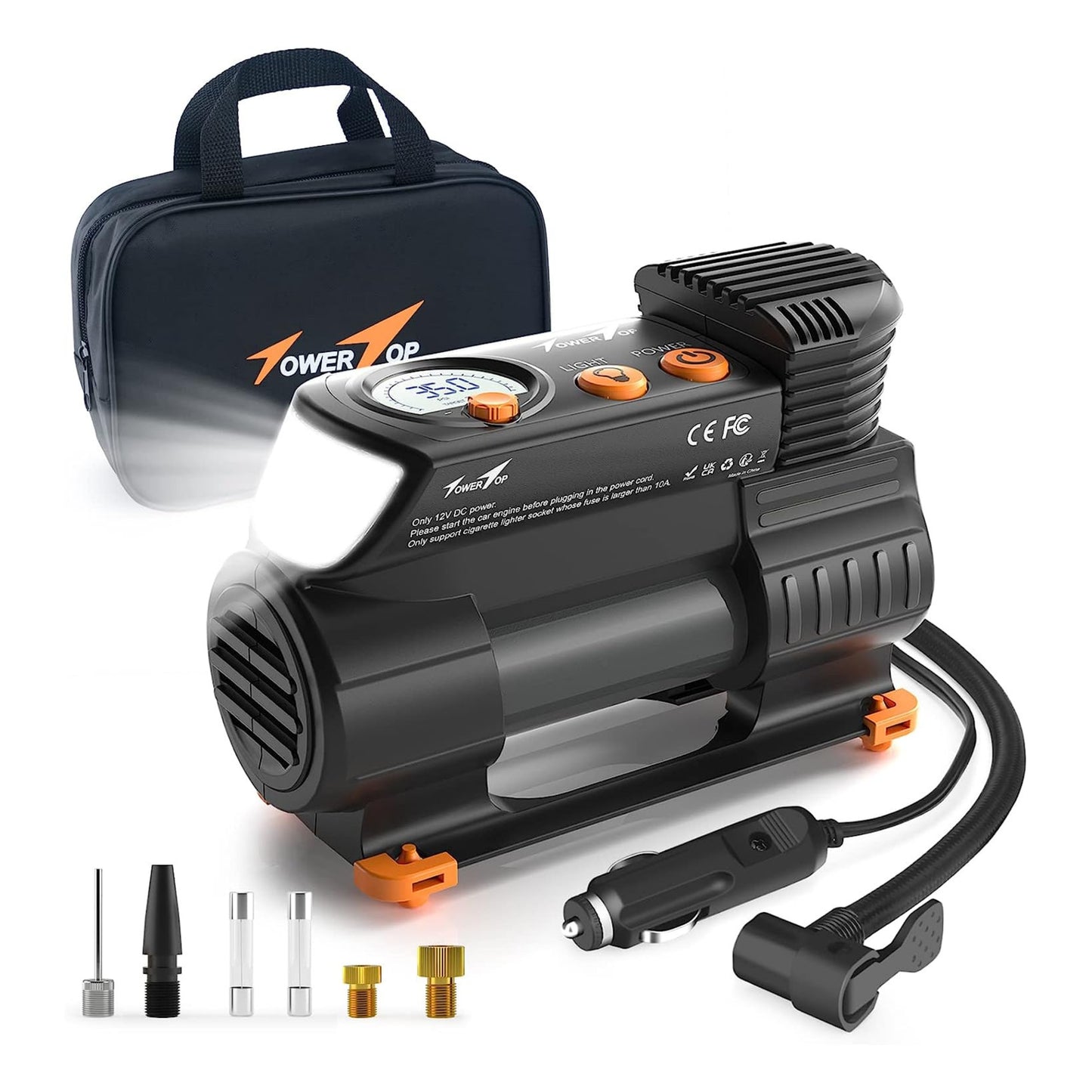 TowerTop Tyre Inflator Air Compressor: 2X Faster Heavy Duty Car Tyre Pump Portable 12V Digital Tyre Inflator with High Precision Pressure Gauge, Memory Function, 1 Min Inflation, LED Light, Handbag