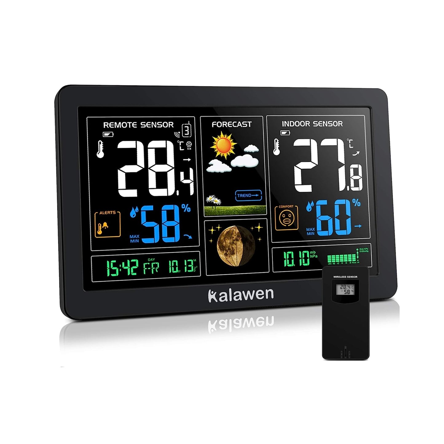 Kalawen Wireless Weather Station with Outdoor Sensor, Digital Colour Display, Wireless Weather Station, DCF Radio Clock, Multifunctional Weather Station, Thermometer, Hygrometer, Indoor and Outdoor LCD Display with Weather Forecast