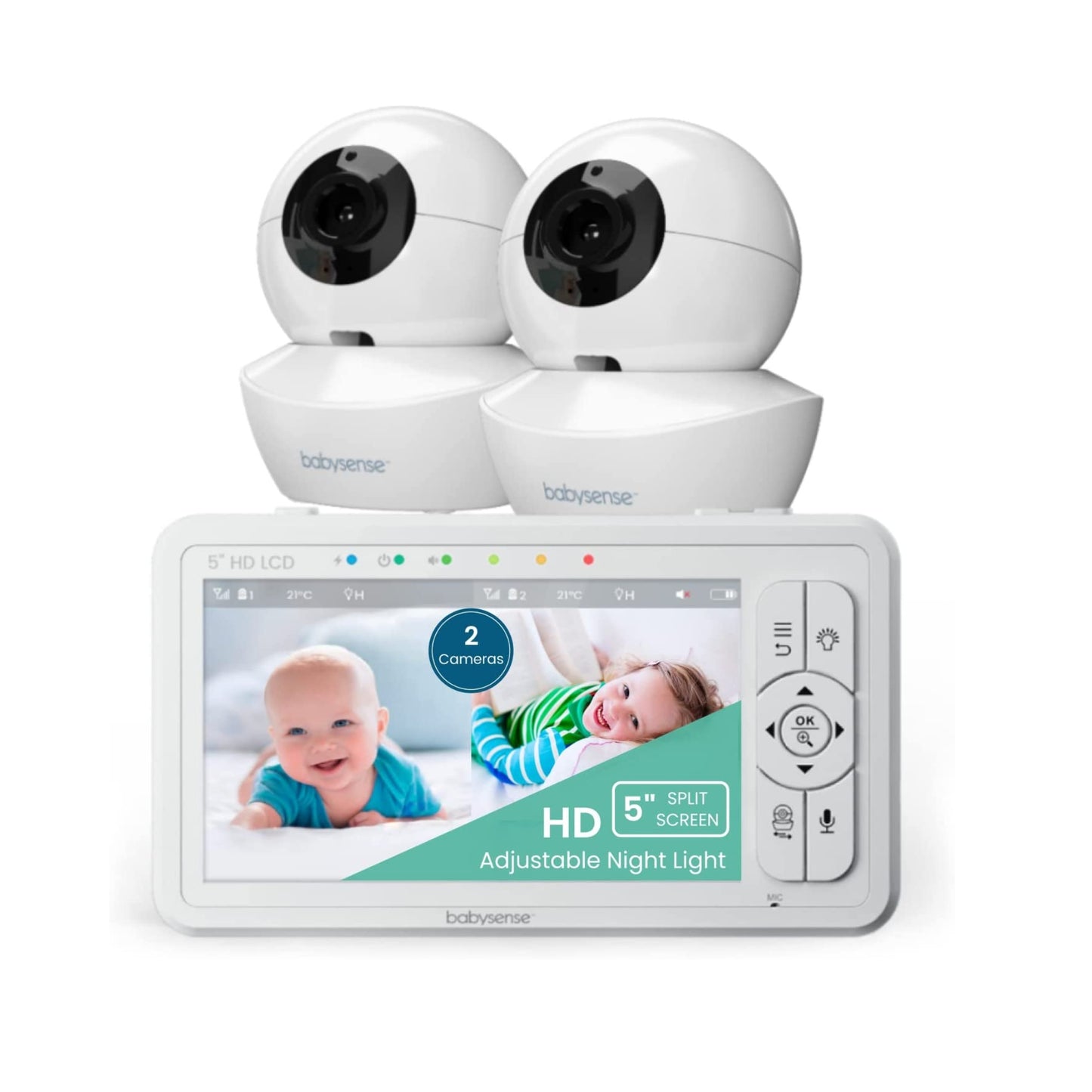 Babysense 5" HD Split-Screen Baby Monitor, Video Baby Monitor with Camera and Audio, Two HD Cameras with Remote PTZ, Night Light, 960ft Range, Two-Way Audio, 4X Zoom, Night Vision, 4000mAh Battery