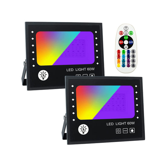 LIGHTSTARTER Led Flood Light 2 Pack, Color Changing RGB Flood Light Outdoor IP66 Waterproof Black Light for Glow Party Stage (watts, 60)