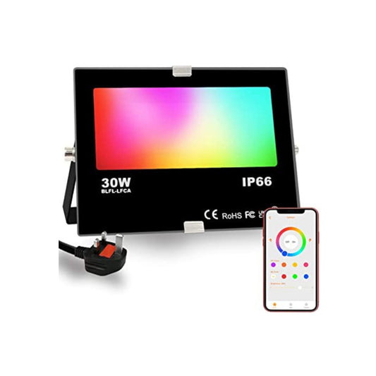 iLC 30W LED Floodlight 300W Equivalent Outdoor RGB Colour Changing, Smart Flood Lights RGBW 2700K Warm White & 16 Million Colors, 20 Modes, Grouping, Timing, IP66 Waterproof [Energy Class E]