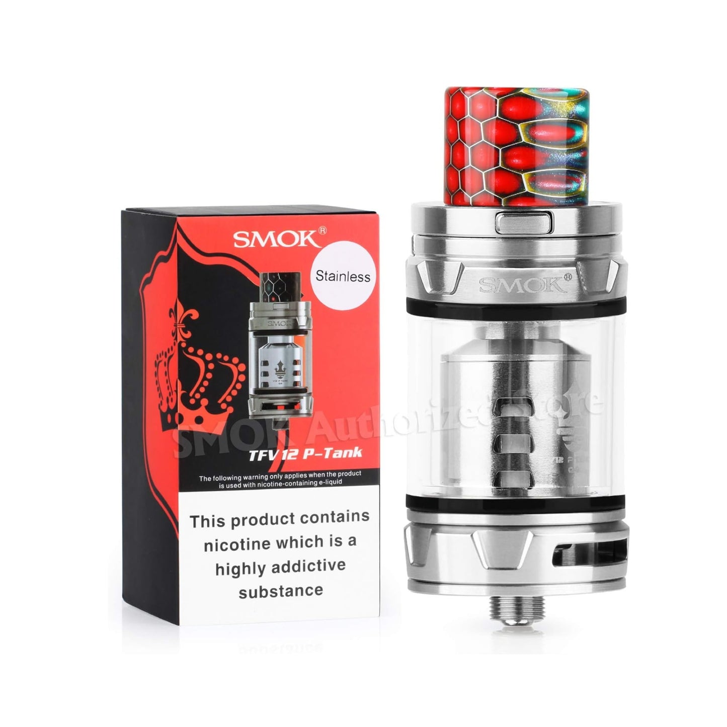 Official SMOK TFV12 Prince Tank (P-Tank 2ml) Atomiser for E Cigarettes, Sub Ohm Cloud Vaping, 3 Coils V12 Prince-Q4 0.4ohm, X6 0.15ohm, T10 0.12ohm, Cobra Resin Driptip, No Nicotine - Sliver