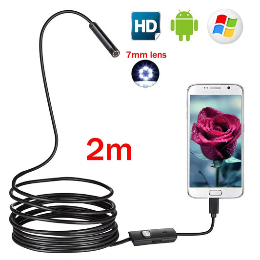 7mm 2m Flexible Snake Inspection Camera Waterproof Video Borescope for Smartphone USB Windows PC Endoscope Camera