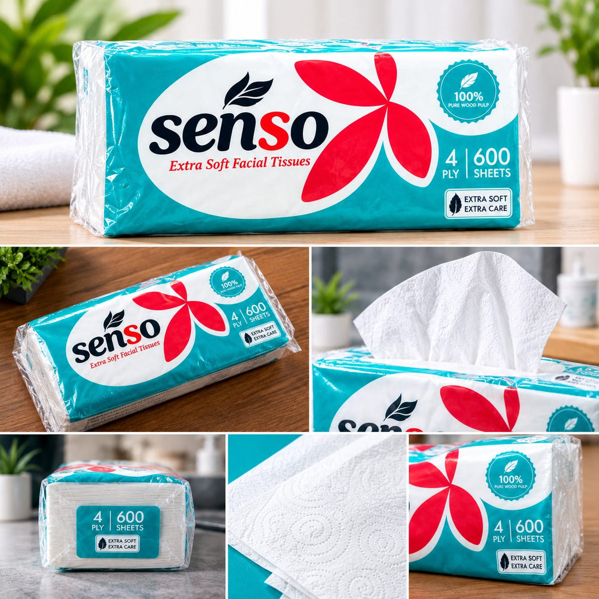 Senso Extra Soft Facial Tissues – 4 Ply, 600 Sheets per Pack, Pack of 4, Premium Soft and Absorbent Facial Tissue Paper for Home, Office, Travel & Everyday Use