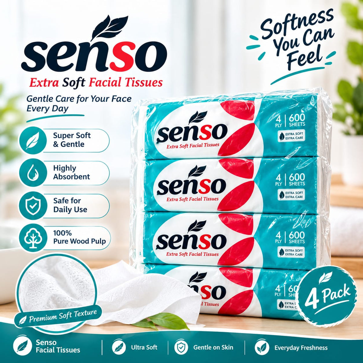 Senso Extra Soft Facial Tissues – 4 Ply, 600 Sheets per Pack, Pack of 4, Premium Soft and Absorbent Facial Tissue Paper for Home, Office, Travel & Everyday Use
