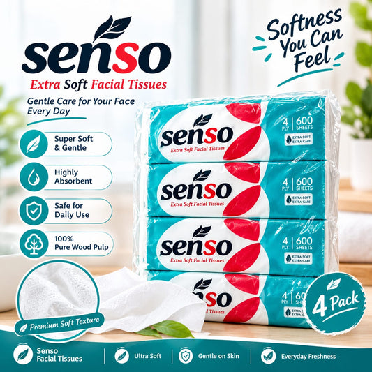 Senso Extra Soft Facial Tissues – 4 Ply, 600 Sheets per Pack, Pack of 4, Premium Soft and Absorbent Facial Tissue Paper for Home, Office, Travel & Everyday Use