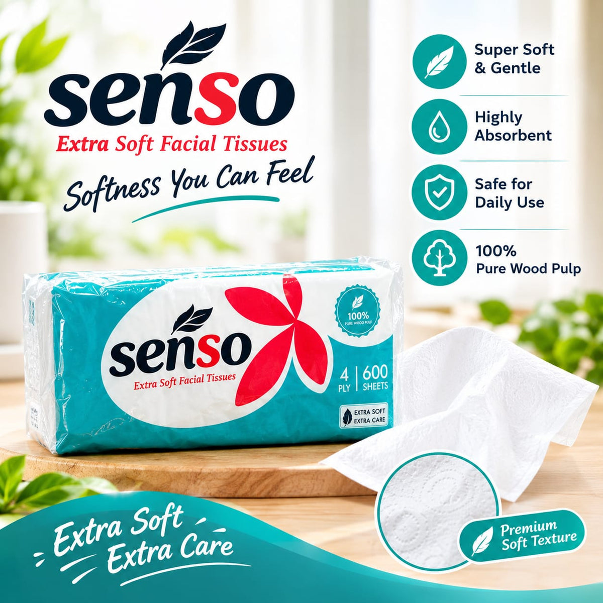Senso Extra Soft Facial Tissues – 4 Ply, 600 Sheets per Pack, Pack of 4, Premium Soft and Absorbent Facial Tissue Paper for Home, Office, Travel & Everyday Use