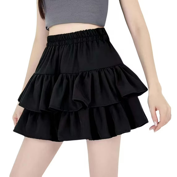 Women's High Waisted Black Mini Ruffle Skirt Polyester & Spandex, for Summer & Autumn, Size M