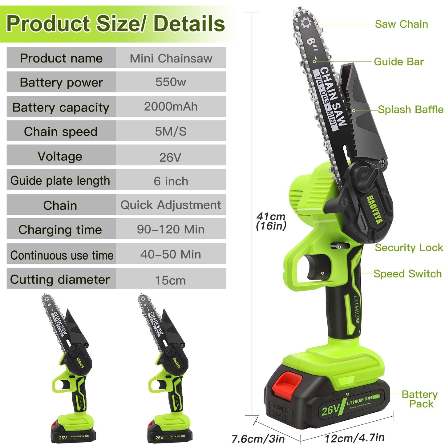 TSJUN 6-inch Cordless Portable Chainsaw with 1500mAh 21V Battery Operated， Light Green