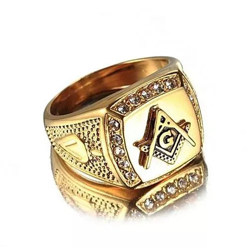 18K Gold Stainless steel freemason ring cz diamond ring Men Gold Masonic ring Wedding and Engagement Jewellery