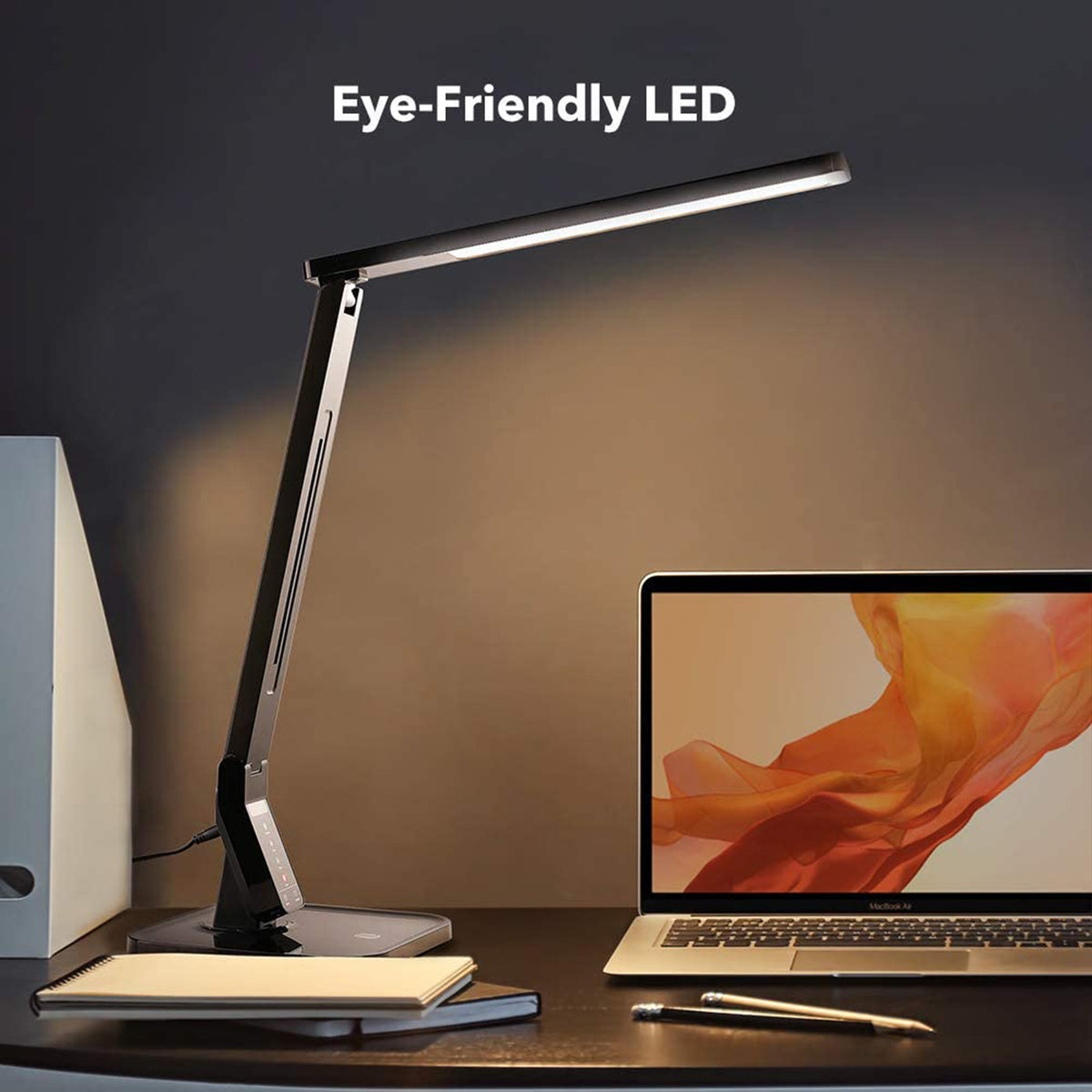 Lampat Dimmable LED Desk Lamp, 4 Lighting Modes, 5-Level Brightness Control, Touch-Sensitive Panel, 1-Hour Auto Timer, 5V/1A USB Charging Port, Piano Black