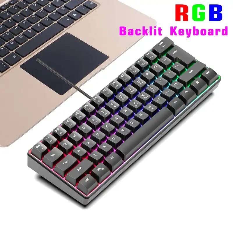 Black RGB Colorful Luminous Gaming Keyboard Mini 60% Scale 61 Keys Tra ...