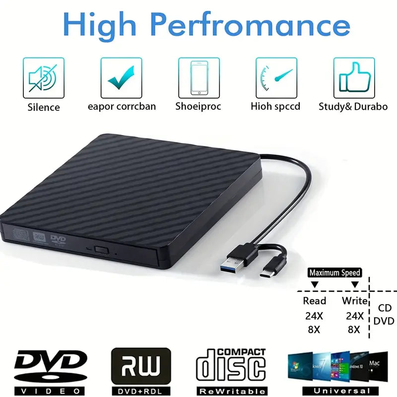 External DVD Drive USB 3.0 Type-C CD Burner Portable CD DVD +/-RW Drive DVD Player for Laptop CD ROM Rewriter Burner Compatible with Laptop Desktop PC Windows 11/10 MacBook Pro/Air Mac Linux Mac OS