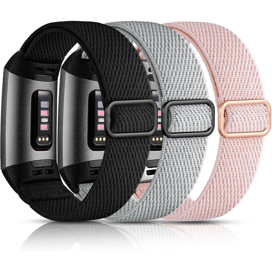 Maledan 3 Pack Elastic Band Compatible with Fitbit Charge 4 and Fitbit Charge 3 Bands for Women Men, Adjustable Stretchy Solo Loop Strap Soft Nylon Fabric Wristband for Charge 3/ Charge 4/ 3SE