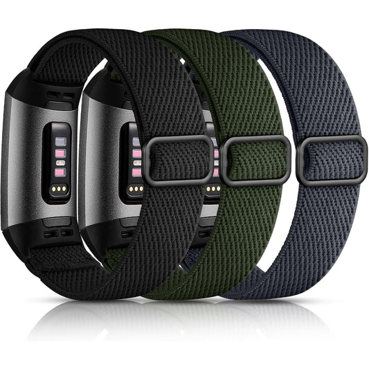 Maledan 3 Pack Elastic Band Compatible with Fitbit Charge 4 and Fitbit Charge 3 Bands for Women Men, Adjustable Stretchy Solo Loop Strap Soft Nylon Fabric Wristband for Charge 3/ Charge 4/ 3SE