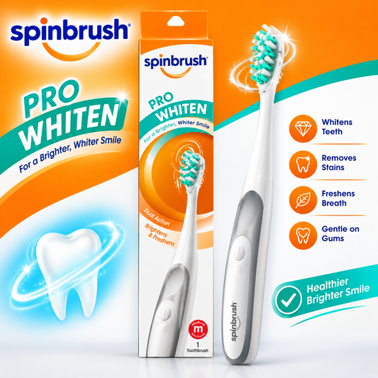 Spinbrush™ Pro Whiten Battery-Powered Toothbrush for Adults – Advanced Rotating Whitening Cup, Soft Bristles for Gentle Cleaning, Helps Remove Surface Stains, Promotes a Brighter Smile, Durable Oral Care Design