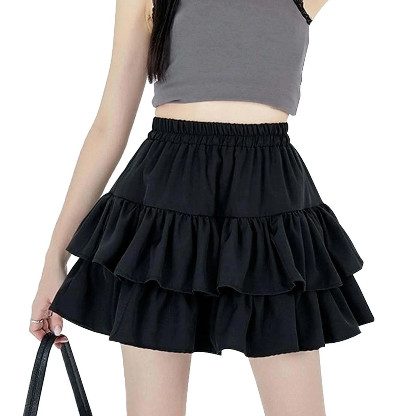 Women's High Waisted Black Mini Ruffle Skirt Polyester & Spandex, for Summer & Autumn, Size M