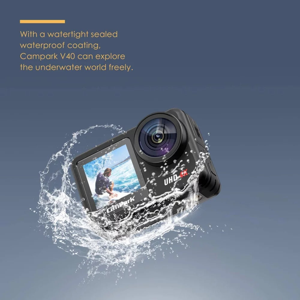 Campark V40 Action Camera 4K,20MP 40M Underwater Camera,170° Angle WiFi Waterproof Camera with Remote Control,IPS Touch Screen,4X Digital Zoom,Batteries & Helmet Accessories Kit,Underwater Camera for Sports