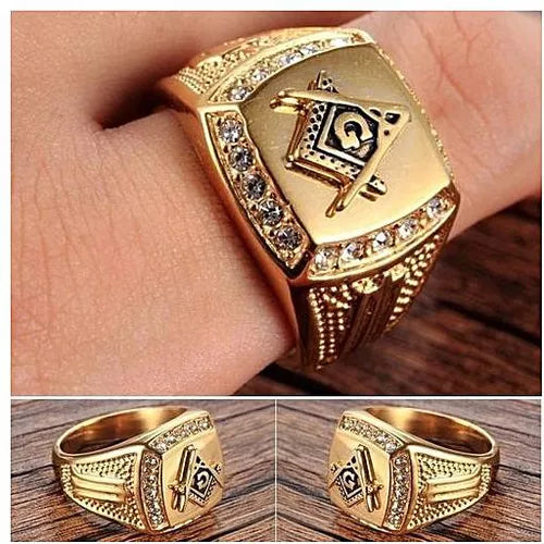 18K Gold Stainless steel freemason ring cz diamond ring Men Gold Masonic ring Wedding and Engagement Jewellery