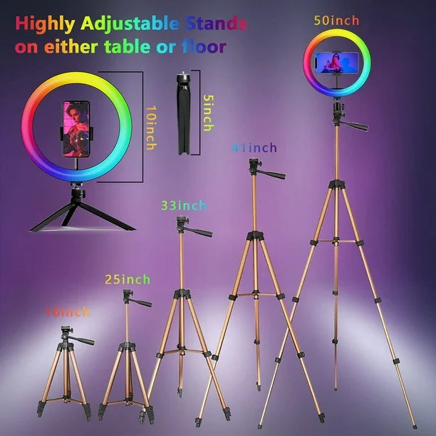 PEYOU Selfie Ring Light with 2 Tripod Stand, Upgraded 26 RGB Colors 10 Brightness Levels, 10" Ring Light with 50"