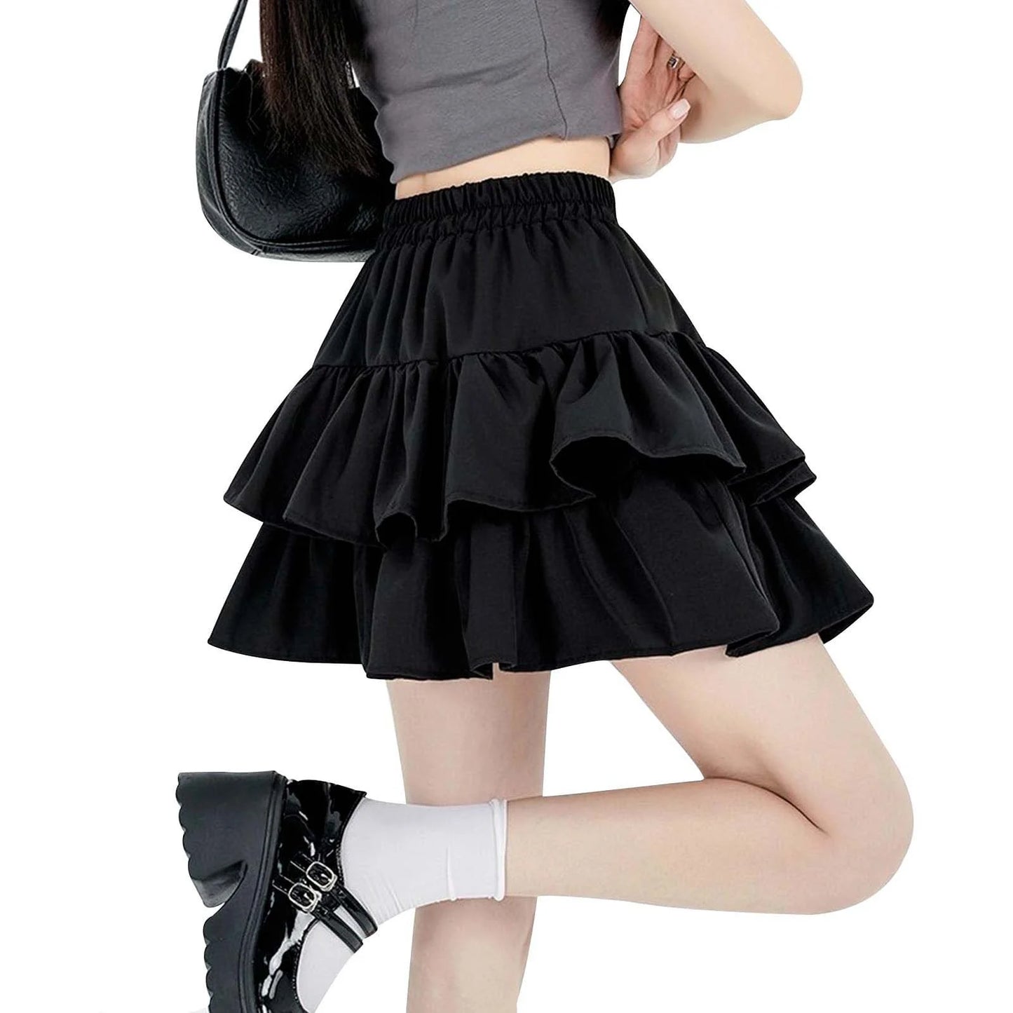 Women's High Waisted Black Mini Ruffle Skirt Polyester & Spandex, for Summer & Autumn, Size M