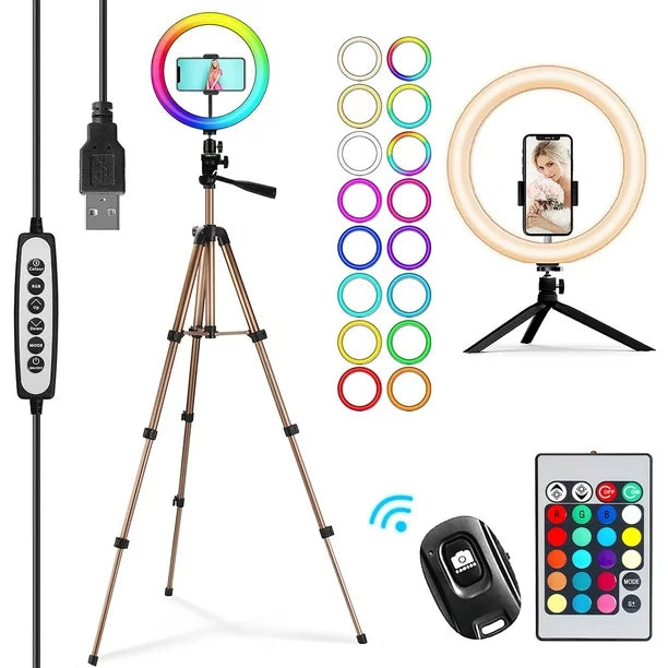 PEYOU Selfie Ring Light with 2 Tripod Stand, Upgraded 26 RGB Colors 10 Brightness Levels, 10" Ring Light with 50"