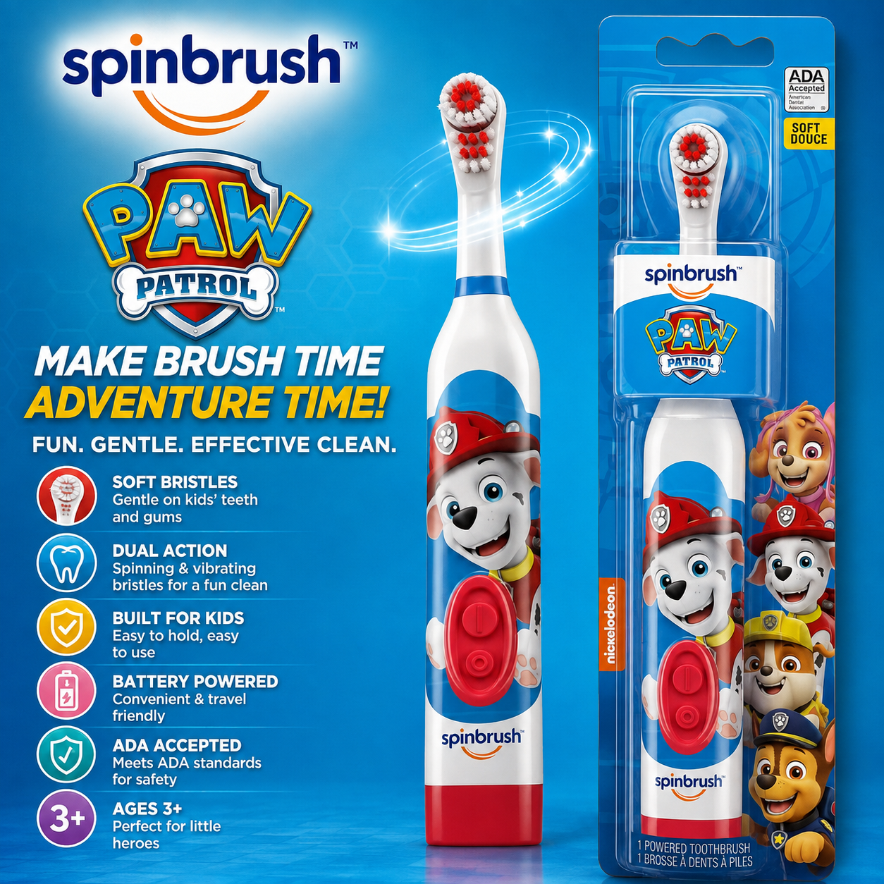 Spinbrush™ Kids Electric Toothbrush, PAW Patrol™ Battery Powered Electric Toothbrush for Children Ages 3+ with 1 AA Battery, Soft Head Bristles, Leakproof SoftSwitch, Ready-to-Use